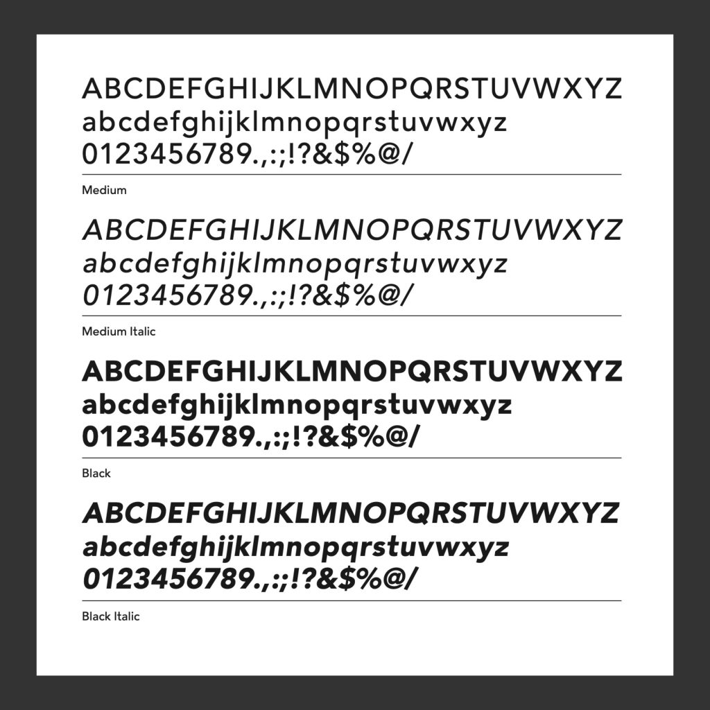 Glyph chart for the font Queens Avenir, in Medium, Medium Italic, Black, and Black Italic weights.